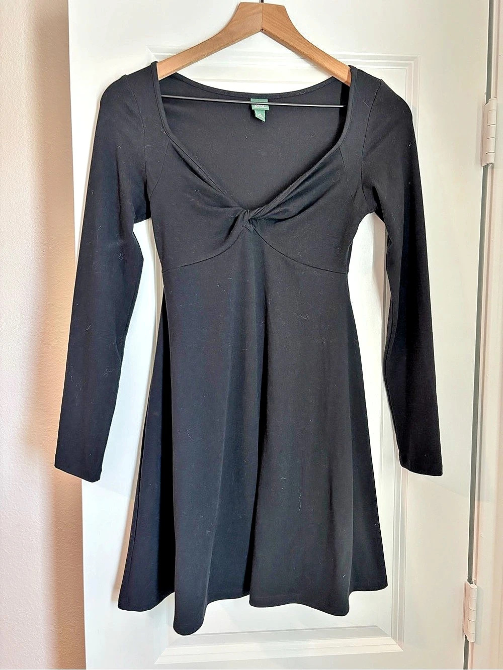 Long Sleeve Twist-Front Mini Knit Skater Dress Black